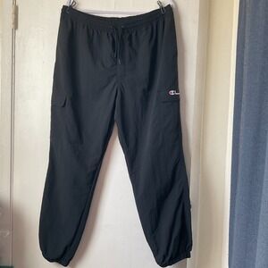 Champion Drawstring Cargo Pants Black Waffle Weave Logo on Leg Mens 2XL